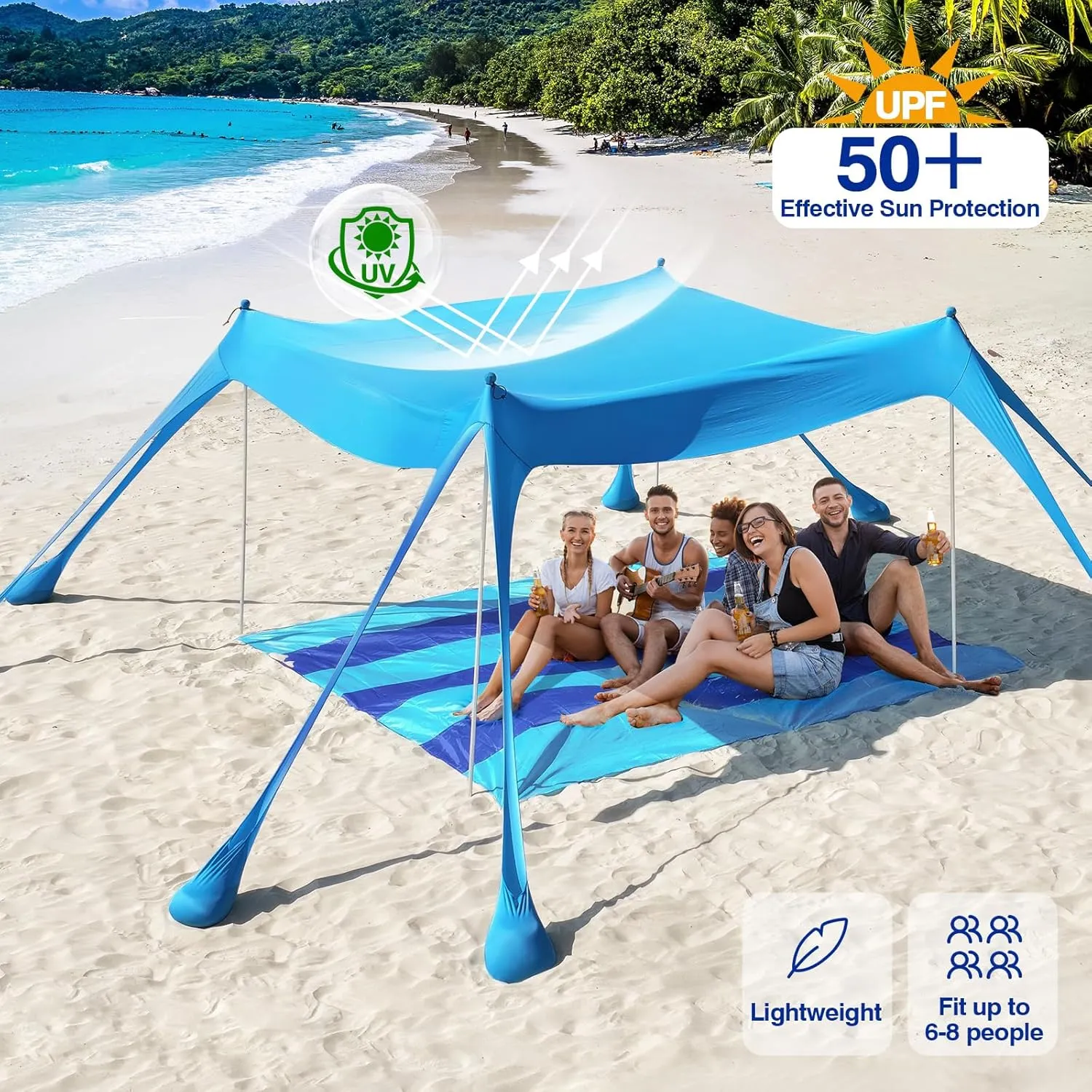 Rhino Valley Beach Tent Sun Shelter, Beach Canopy Tent Sun Shade UPF50  Protection with 8 Sandbags 4 Stability Poles, Outdoor Beach Shade Canopy for Beach, Camping, Fishing