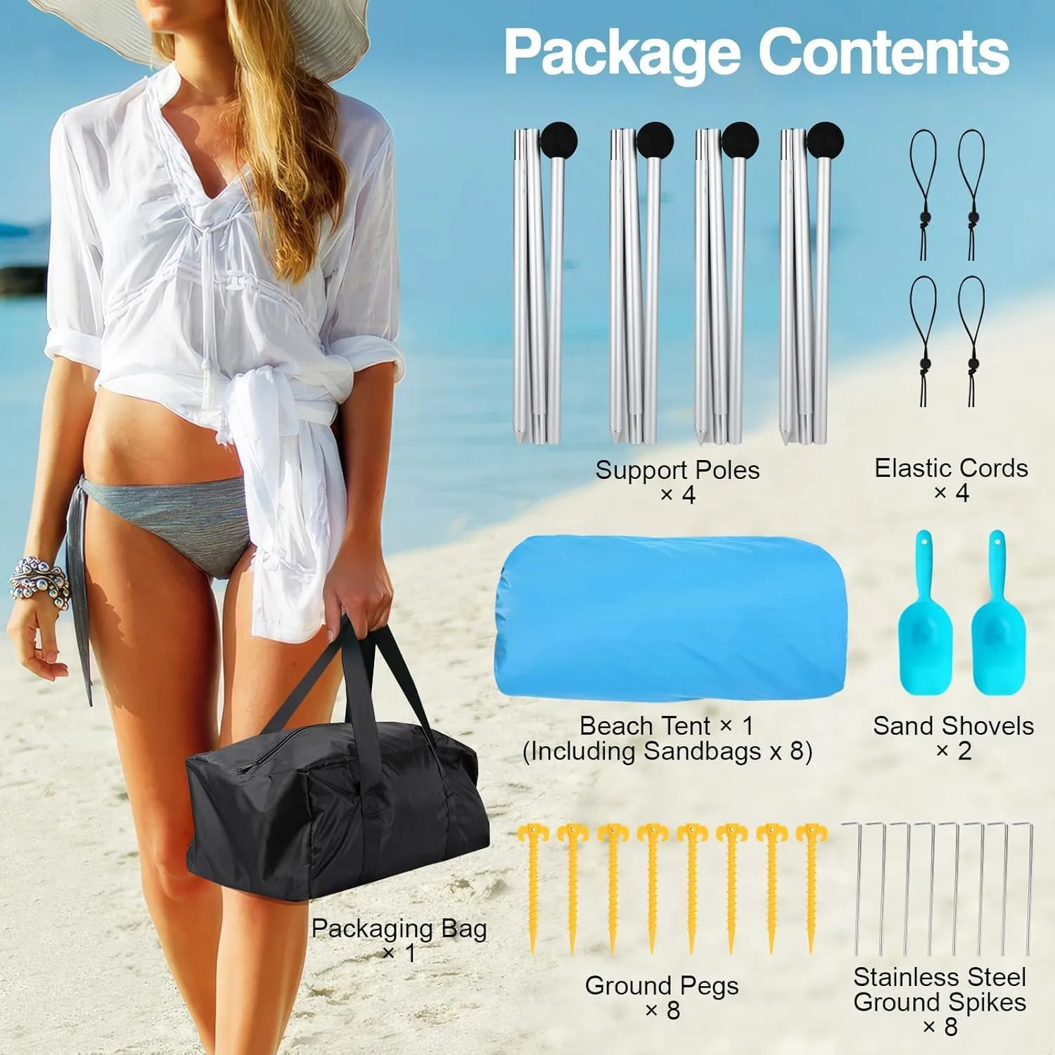 Rhino Valley Beach Tent Sun Shelter, Beach Canopy Tent Sun Shade UPF50  Protection with 8 Sandbags 4 Stability Poles, Outdoor Beach Shade Canopy for Beach, Camping, Fishing