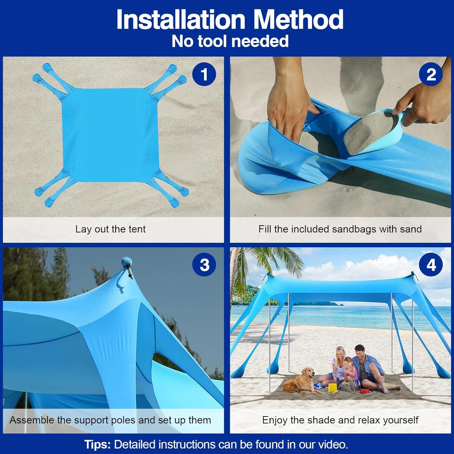 Rhino Valley Beach Tent Sun Shelter, Beach Canopy Tent Sun Shade UPF50  Protection with 8 Sandbags 4 Stability Poles, Outdoor Beach Shade Canopy for Beach, Camping, Fishing
