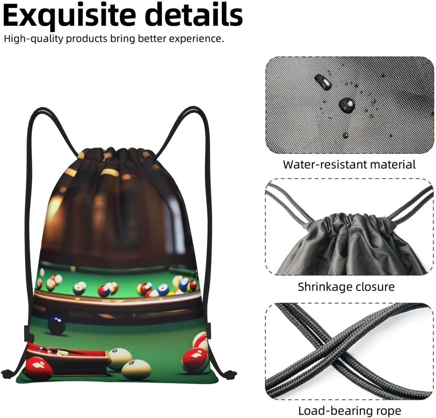 Rich&Rabbit Billiard Print Drawstring Bag Men Women Gym Sport Beach Backpack Traveling Sackpack Shopping String Bag