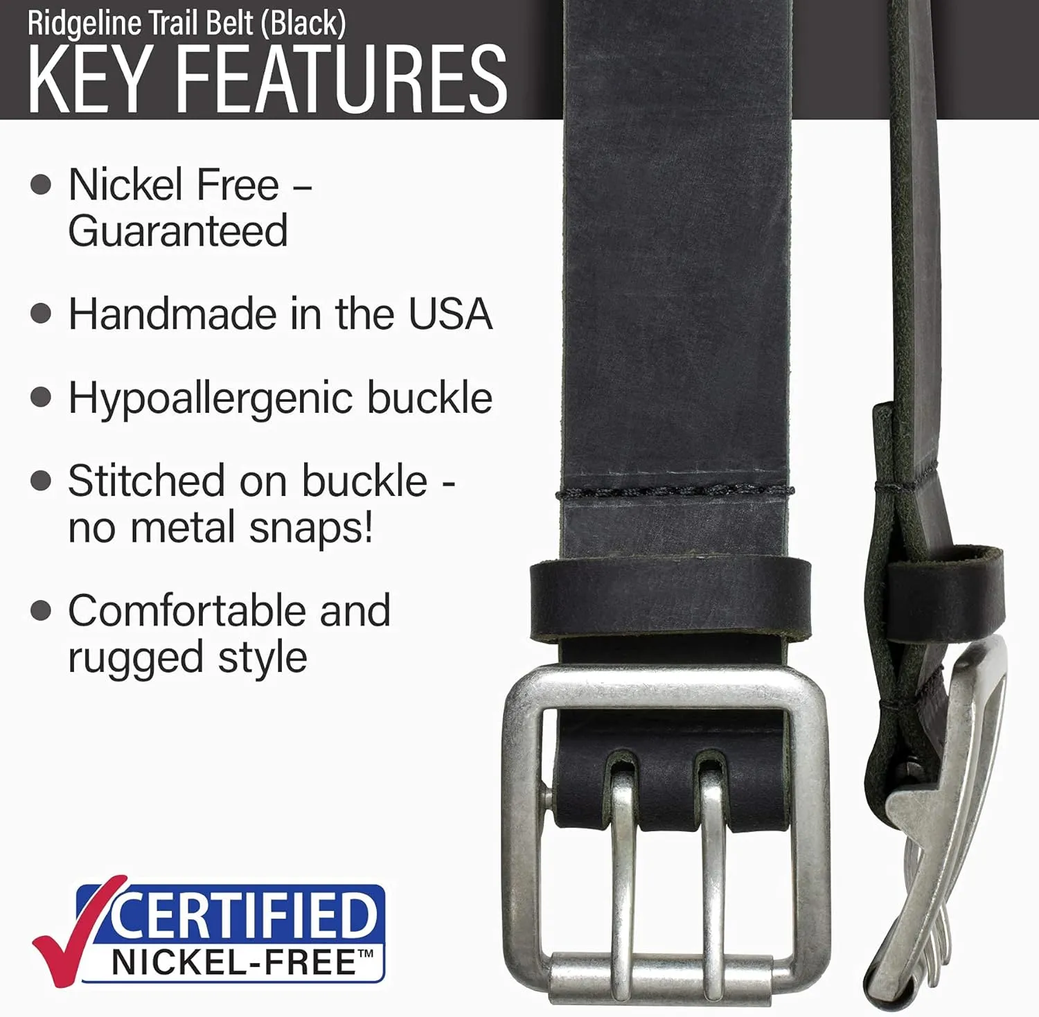 Ridgeline Trail Belt - Full Grain Leather Belt with Certified Nickel Free Double Pin Buckle