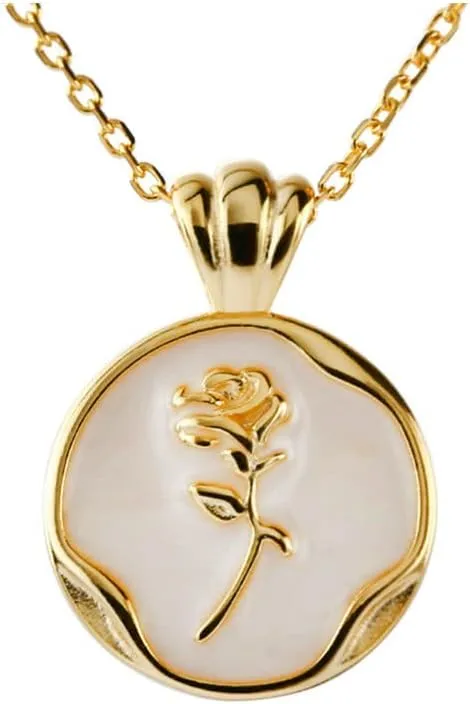 Round Rose Flower Pendant Necklace for Women 925 Sterling Silver Shell Pearl Embossed Link Chain Adjustable Birthday Wedding Anniversary Jewelry for Mother Daughter 18 Inch