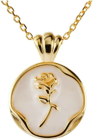 Round Rose Flower Pendant Necklace for Women 925 Sterling Silver Shell Pearl Embossed Link Chain Adjustable Birthday Wedding Anniversary Jewelry for Mother Daughter 18 Inch