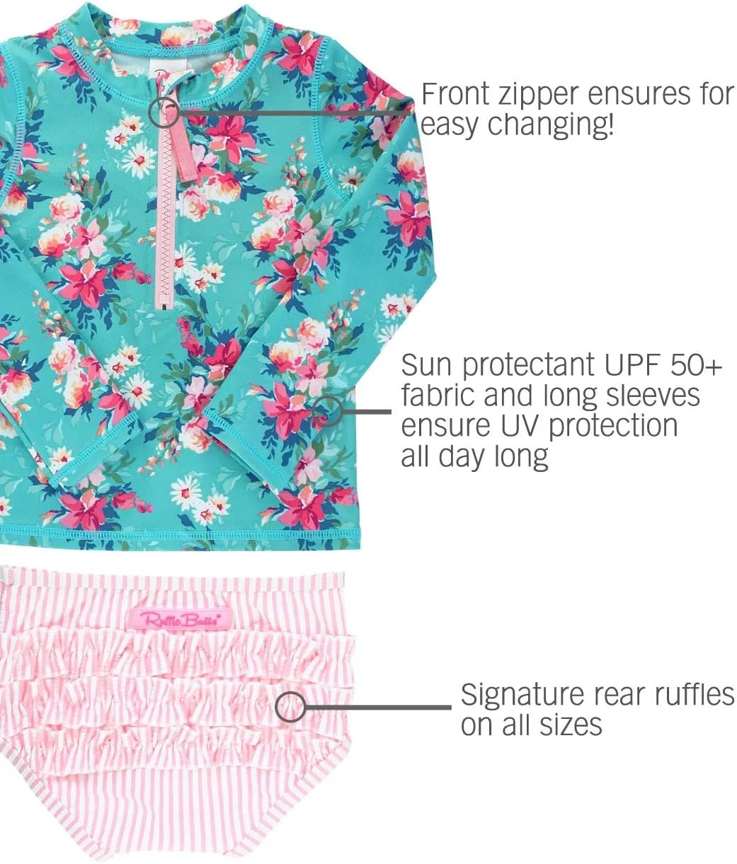 RuffleButts® Baby/Toddler Girls Long Sleeve Rash Guard 2 Piece Swimsuit Set w/UPF 50  Sun Protection with Zipper