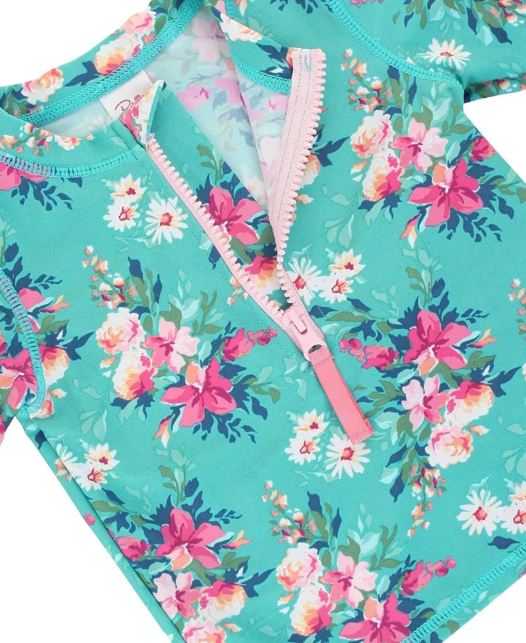 RuffleButts® Baby/Toddler Girls Long Sleeve Rash Guard 2 Piece Swimsuit Set w/UPF 50  Sun Protection with Zipper