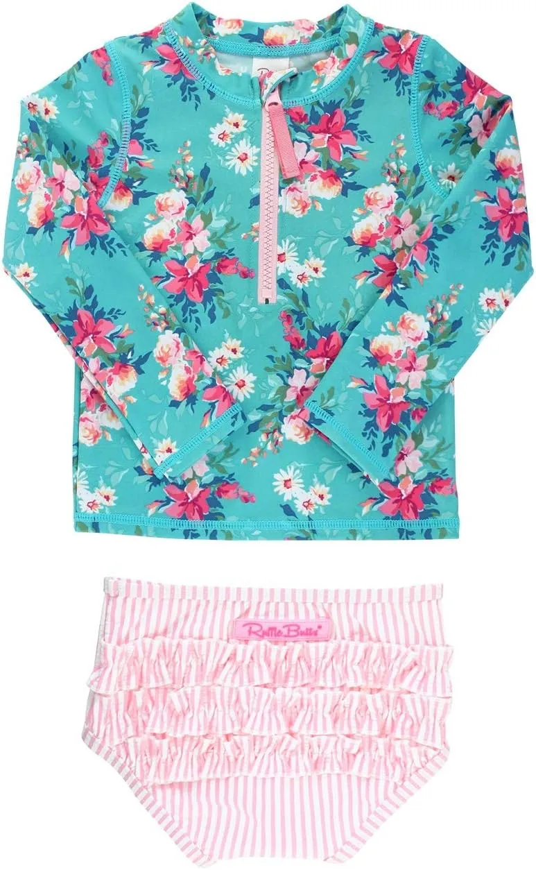 RuffleButts® Baby/Toddler Girls Long Sleeve Rash Guard 2 Piece Swimsuit Set w/UPF 50  Sun Protection with Zipper