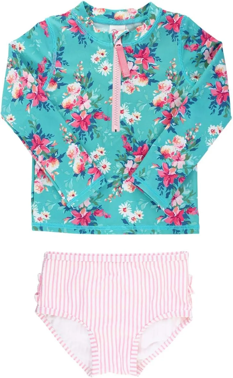 RuffleButts® Baby/Toddler Girls Long Sleeve Rash Guard 2 Piece Swimsuit Set w/UPF 50  Sun Protection with Zipper