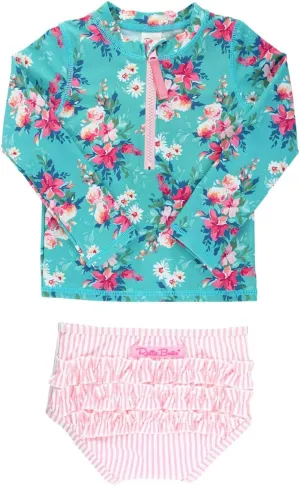 RuffleButts® Baby/Toddler Girls Long Sleeve Rash Guard 2 Piece Swimsuit Set w/UPF 50  Sun Protection with Zipper