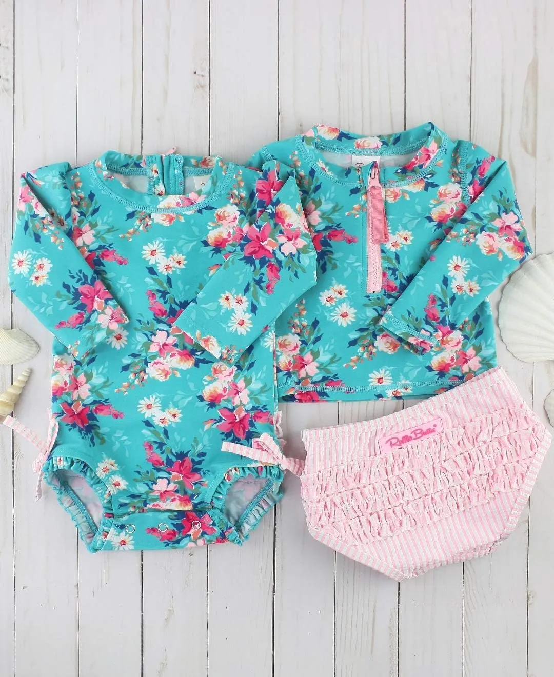 RuffleButts® Baby/Toddler Girls Long Sleeve Rash Guard 2 Piece Swimsuit Set w/UPF 50  Sun Protection with Zipper