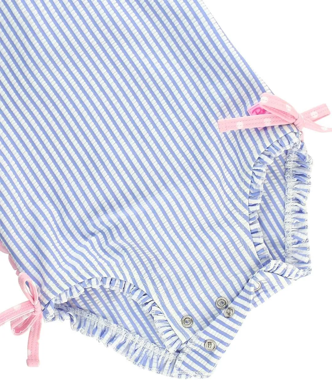 RuffleButts Baby/Toddler Girls Seersucker Long Sleeve One Piece Rash Guard Swimsuit with UPF 50  Sun Protection