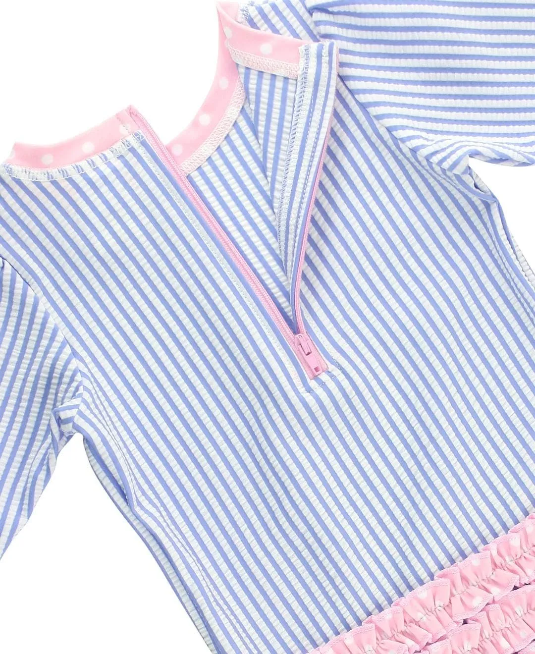 RuffleButts Baby/Toddler Girls Seersucker Long Sleeve One Piece Rash Guard Swimsuit with UPF 50  Sun Protection