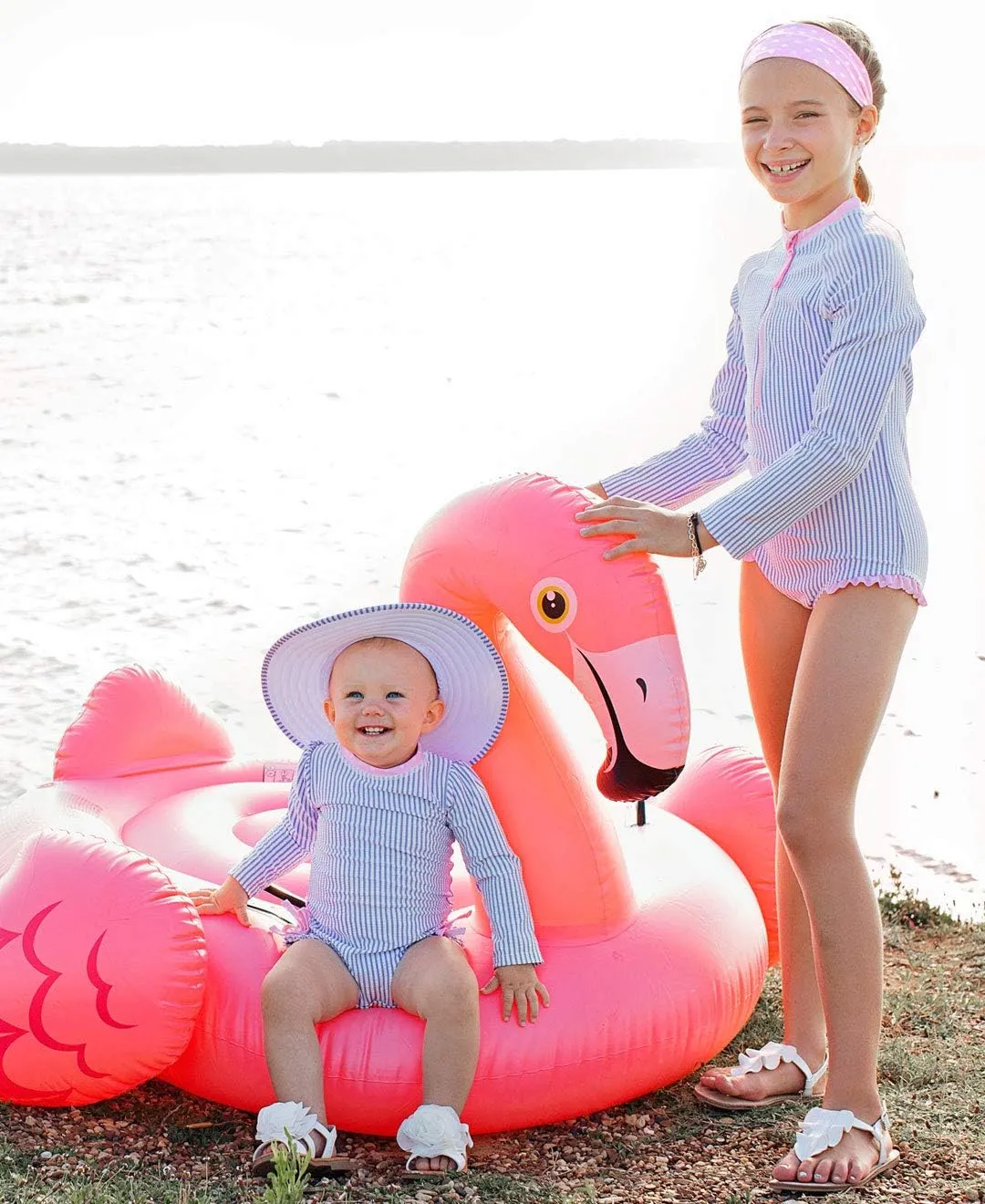 RuffleButts Baby/Toddler Girls Seersucker Long Sleeve One Piece Rash Guard Swimsuit with UPF 50  Sun Protection