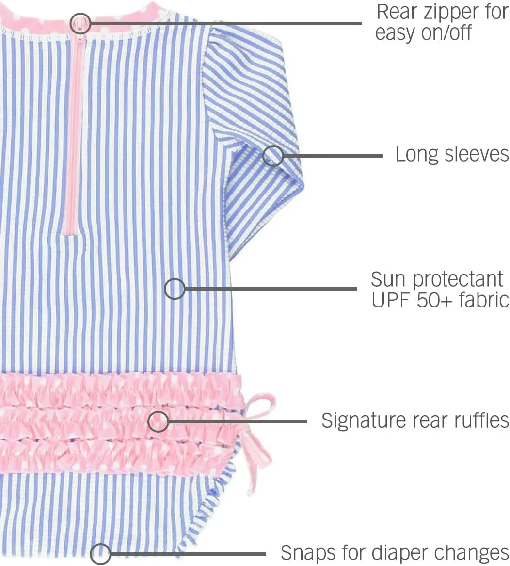 RuffleButts Baby/Toddler Girls Seersucker Long Sleeve One Piece Rash Guard Swimsuit with UPF 50  Sun Protection