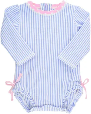 RuffleButts Baby/Toddler Girls Seersucker Long Sleeve One Piece Rash Guard Swimsuit with UPF 50  Sun Protection