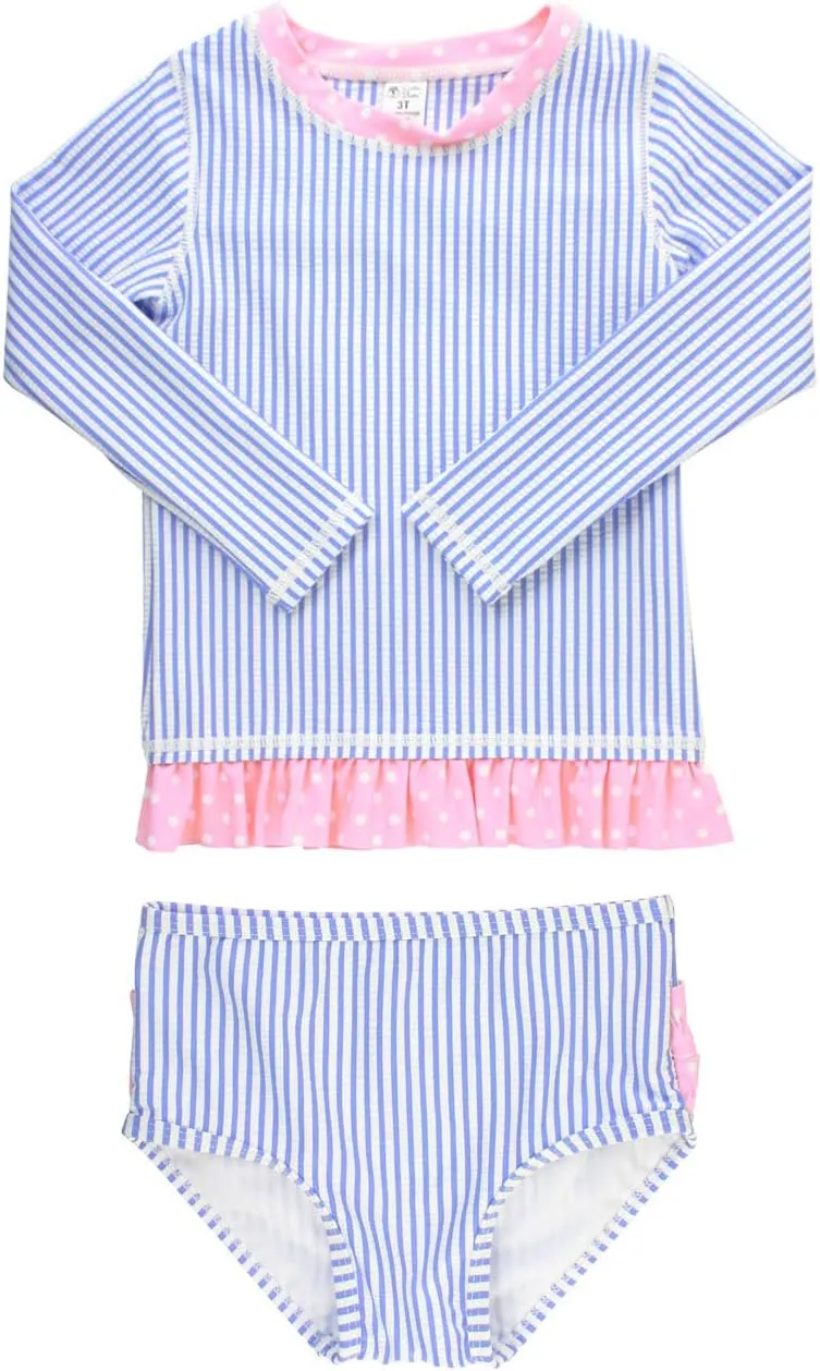 RuffleButts Baby/Toddler Girls Seersucker Long Sleeve Rash Guard Bikini