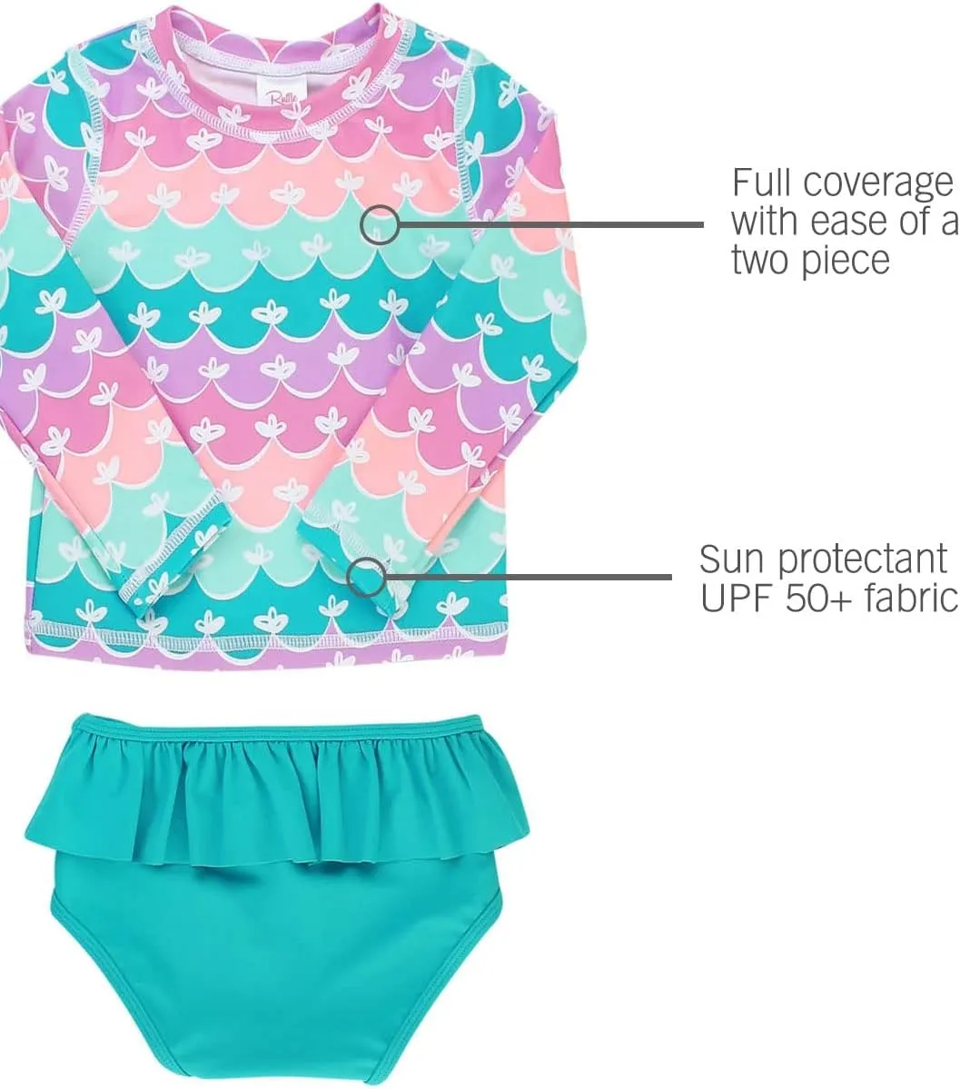 RuffleButts Baby/Toddler Girls Skirted Long Sleeve Rash Guard Bikini UPF50  Sun Protected Swimsuit