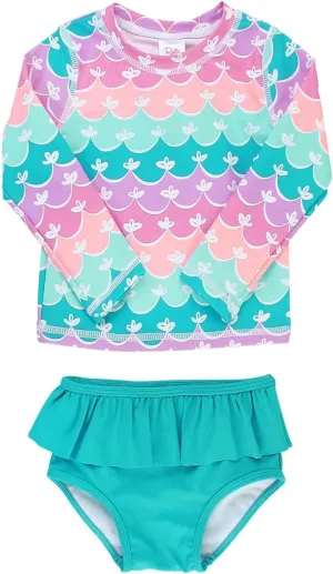 RuffleButts Baby/Toddler Girls Skirted Long Sleeve Rash Guard Bikini UPF50  Sun Protected Swimsuit