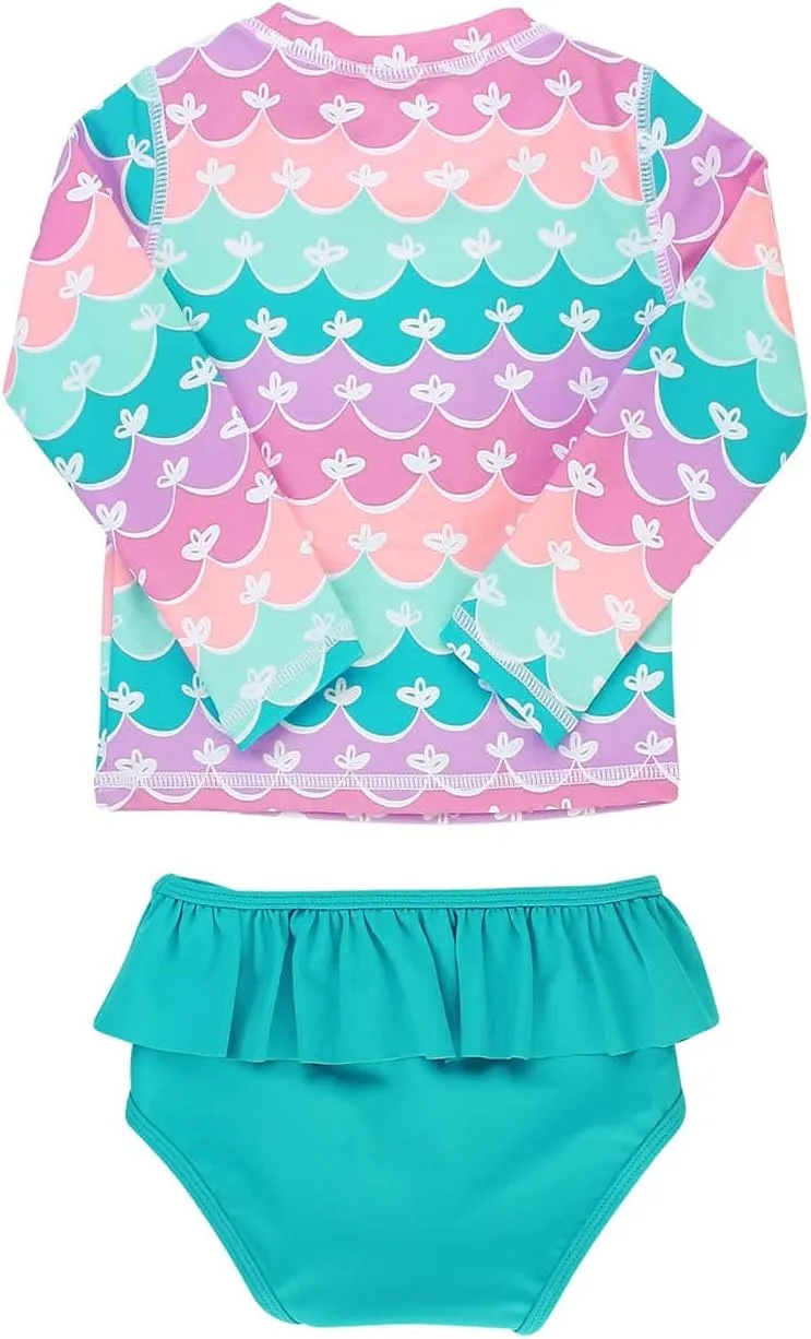 RuffleButts Baby/Toddler Girls Skirted Long Sleeve Rash Guard Bikini UPF50  Sun Protected Swimsuit