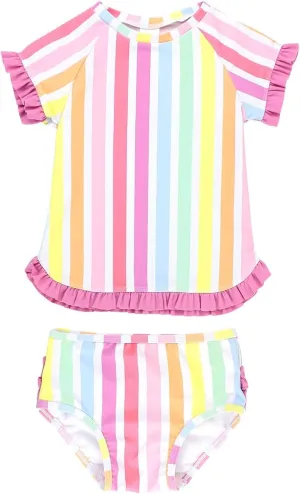RuffleButts® Baby/Toddler Girls UPF 50  2-Piece Short Sleeve Rash Guard Bikini w/Ruffles