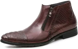 Rui Landed Business Ankle Boot for Men High Top Formal Boot Premium Genuine Leather Pull On Style Zipper Decor Crocodile Embossed Captoe Pointed Block Heel (Color : Red-Brown, Size : 11 M US)