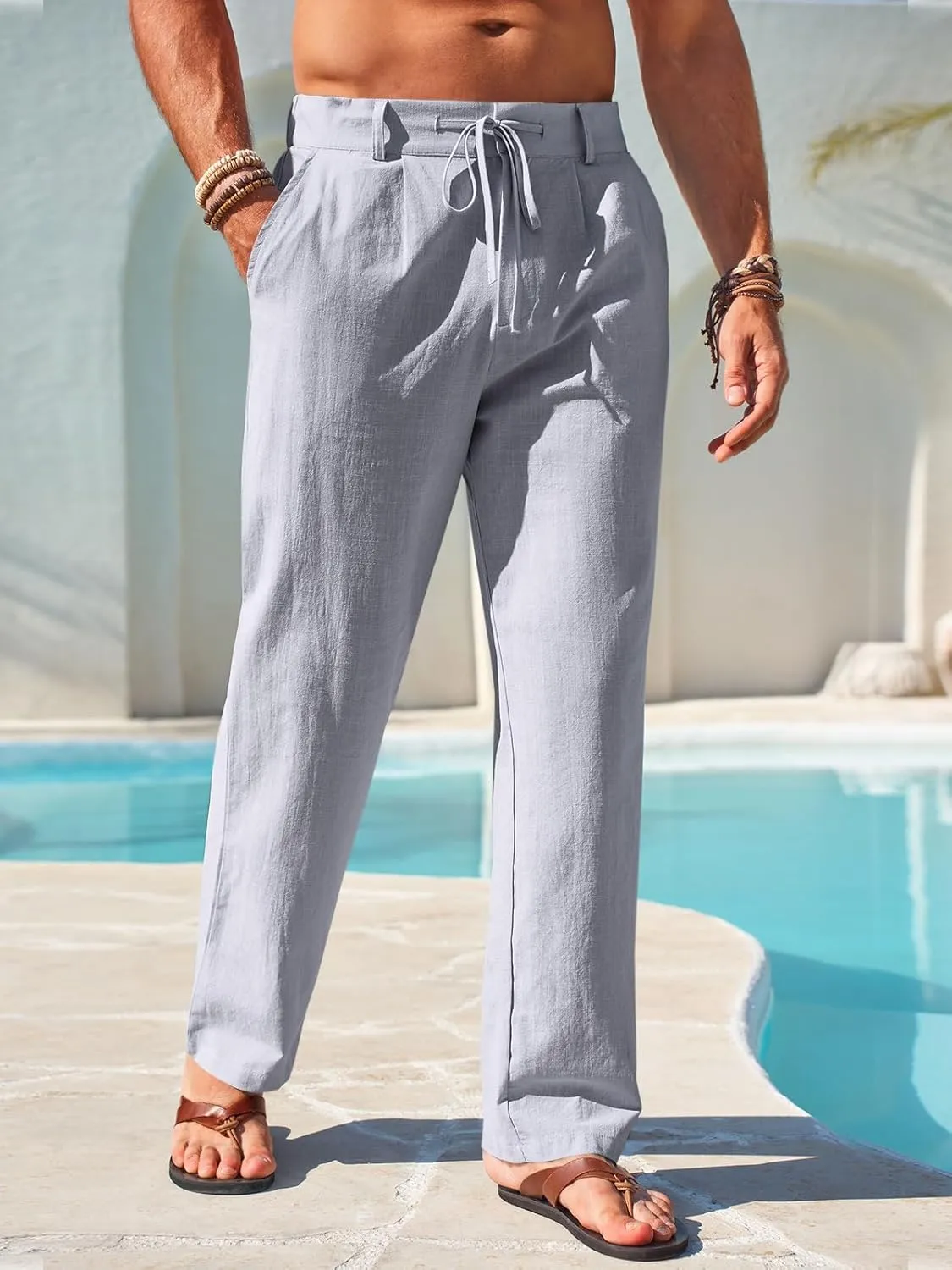Runcati Mens Linen Cotton Casual Pants Elastic Waist Drawstring Lightweight Pants Loose Fit Summer Beach Yoga Trousers