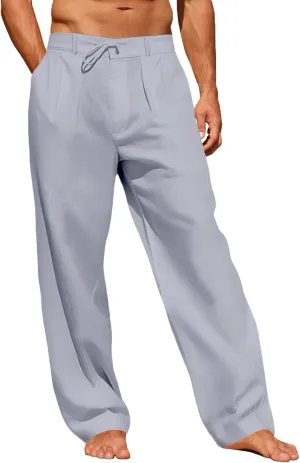 Runcati Mens Linen Cotton Casual Pants Elastic Waist Drawstring Lightweight Pants Loose Fit Summer Beach Yoga Trousers