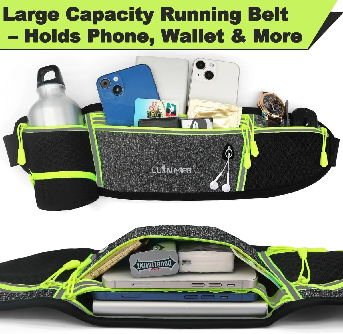 Running Belt for Women & Men Water Resistant Fitness Waist Pack with Phone Pocket & Water Bottle Holder Adjustable Reflective Jogging Belt for Running, Hiking, Gym (Gray Black)