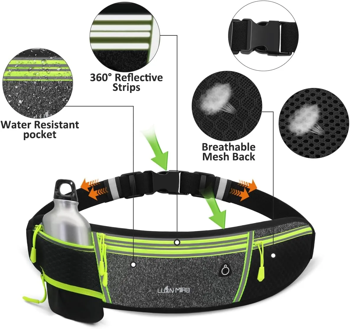 Running Belt for Women & Men Water Resistant Fitness Waist Pack with Phone Pocket & Water Bottle Holder Adjustable Reflective Jogging Belt for Running, Hiking, Gym (Gray Black)