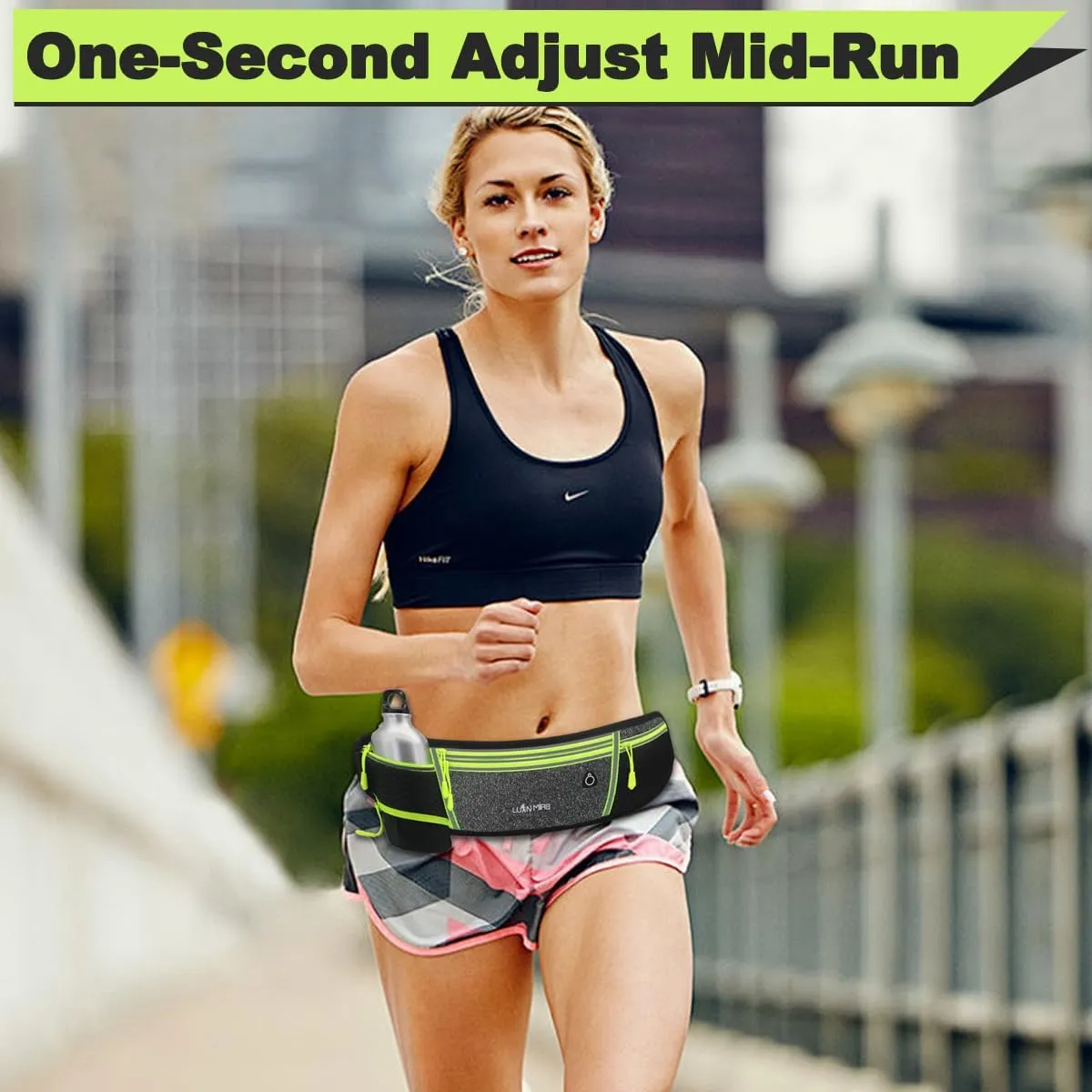 Running Belt for Women & Men Water Resistant Fitness Waist Pack with Phone Pocket & Water Bottle Holder Adjustable Reflective Jogging Belt for Running, Hiking, Gym (Gray Black)