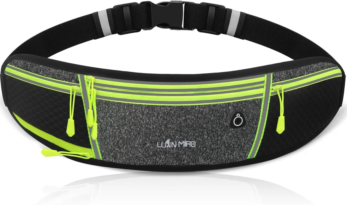 Running Belt for Women & Men Water Resistant Fitness Waist Pack with Phone Pocket & Water Bottle Holder Adjustable Reflective Jogging Belt for Running, Hiking, Gym (Gray Black)