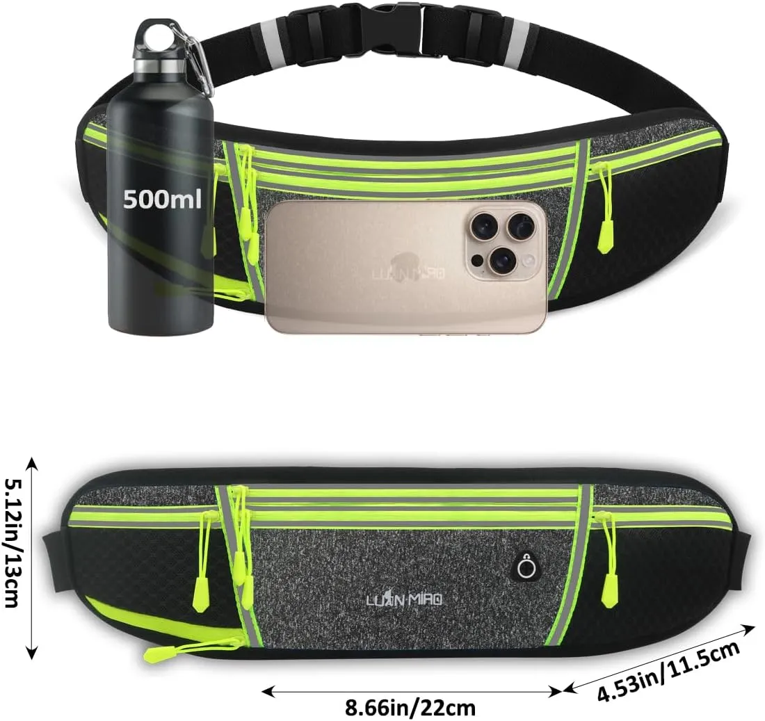 Running Belt for Women & Men Water Resistant Fitness Waist Pack with Phone Pocket & Water Bottle Holder Adjustable Reflective Jogging Belt for Running, Hiking, Gym (Gray Black)