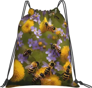 Rural Honey Bees Wildflowers Print Sport Backpack Foldable Gym Sack Drawstring Bag String Bag Yoga Bag 14x16 Inch