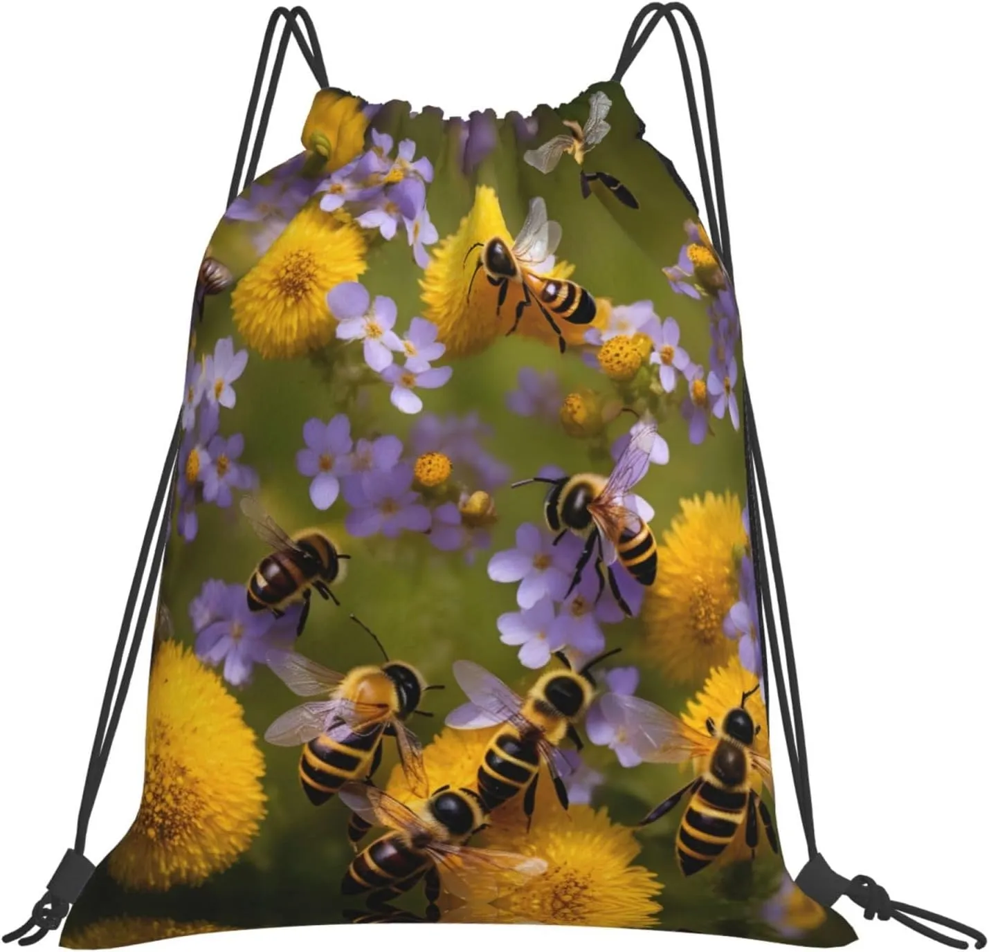 Rural Honey Bees Wildflowers Print Sport Backpack Foldable Gym Sack Drawstring Bag String Bag Yoga Bag 14x16 Inch