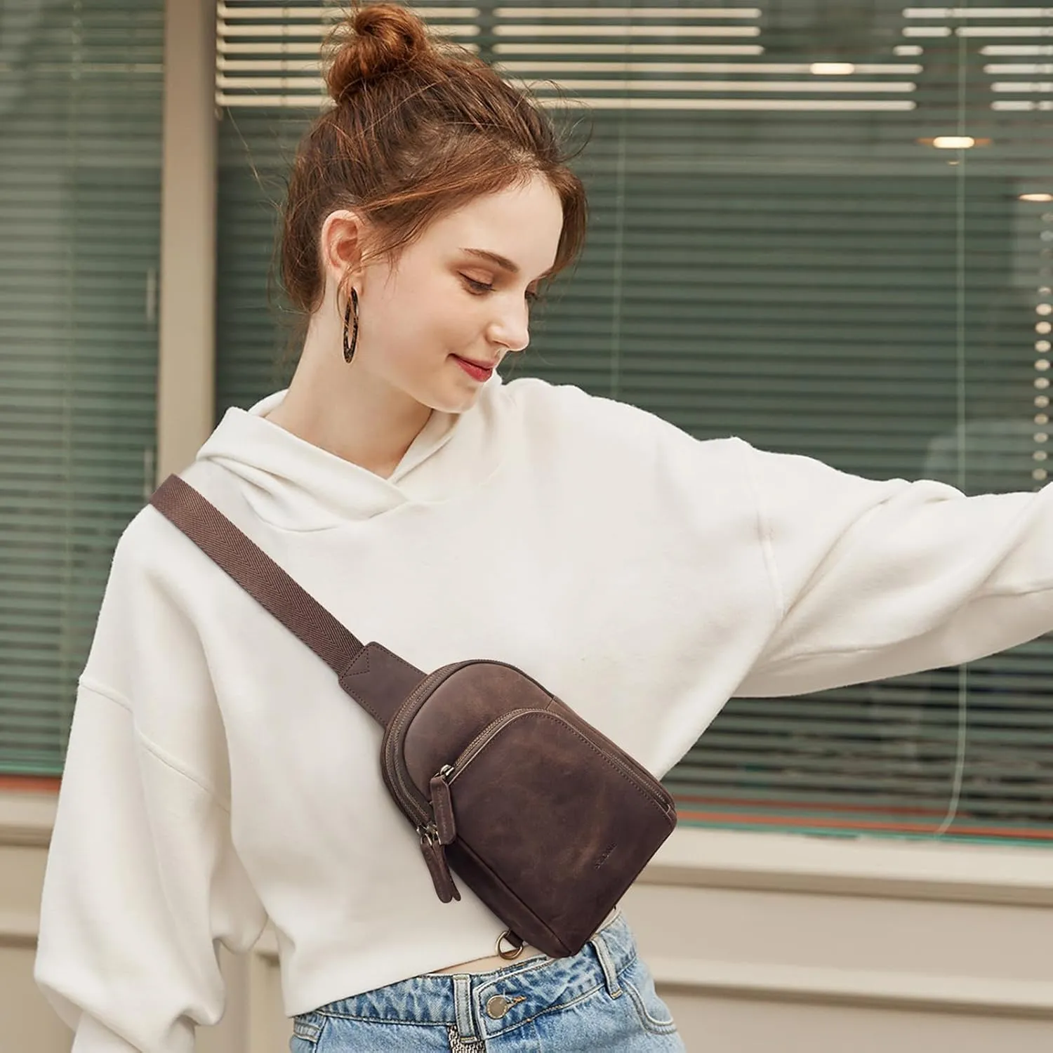 S-ZONE Genuine Leather RFID Blocking Small Sling Bag Women Crossbody Fanny Packs