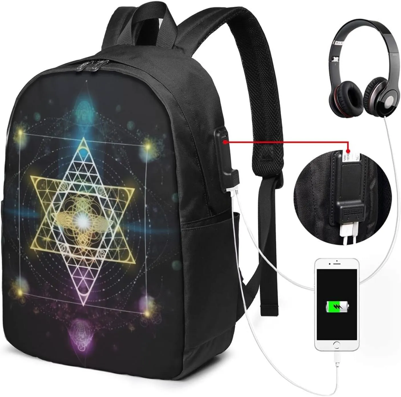 Sacred Geometry Symbol Travel Laptop Backpack for Women Men, 17 Inch Business Backpack with USB Charger Port