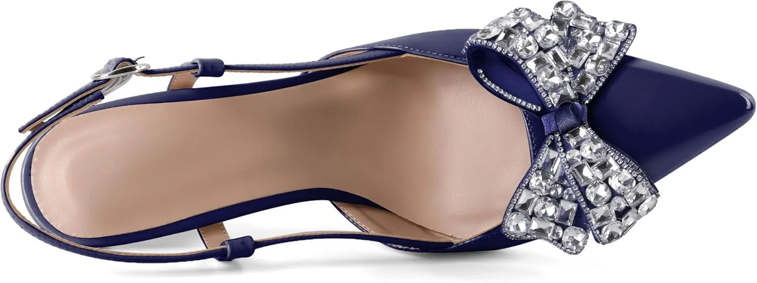 SAMMITOP Slingback Rhinestone Bow Heels for Women Closed Pointed Toe High Heel Ankle Strap Pumps Slip On Stilettos Wedding Bride Dress Shoes 3.5 Inch