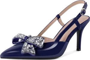 SAMMITOP Slingback Rhinestone Bow Heels for Women Closed Pointed Toe High Heel Ankle Strap Pumps Slip On Stilettos Wedding Bride Dress Shoes 3.5 Inch