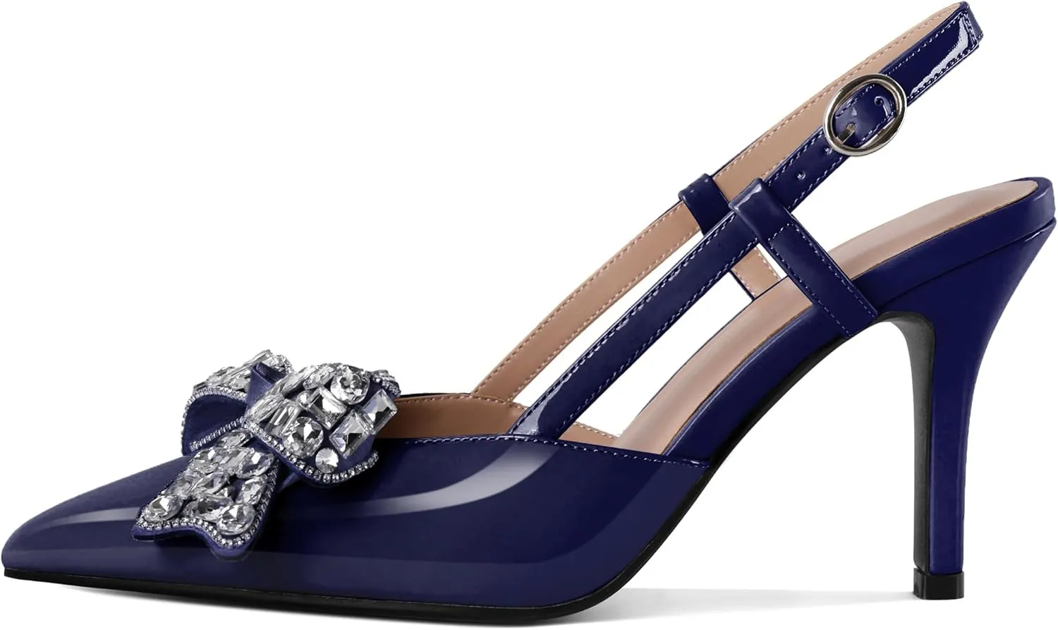 SAMMITOP Slingback Rhinestone Bow Heels for Women Closed Pointed Toe High Heel Ankle Strap Pumps Slip On Stilettos Wedding Bride Dress Shoes 3.5 Inch