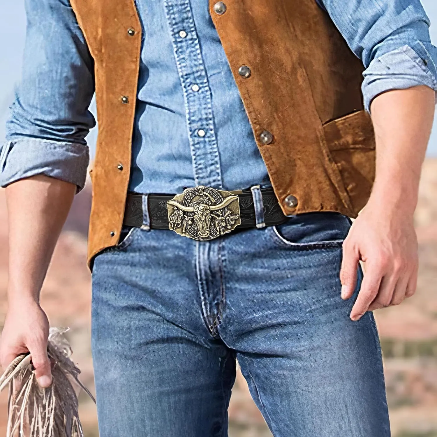 SANSTHS Ratchet Cowboy Belt, Western Ratchet Belts for Men Ratchet Western Belt with Automatic Cowboy Buckle