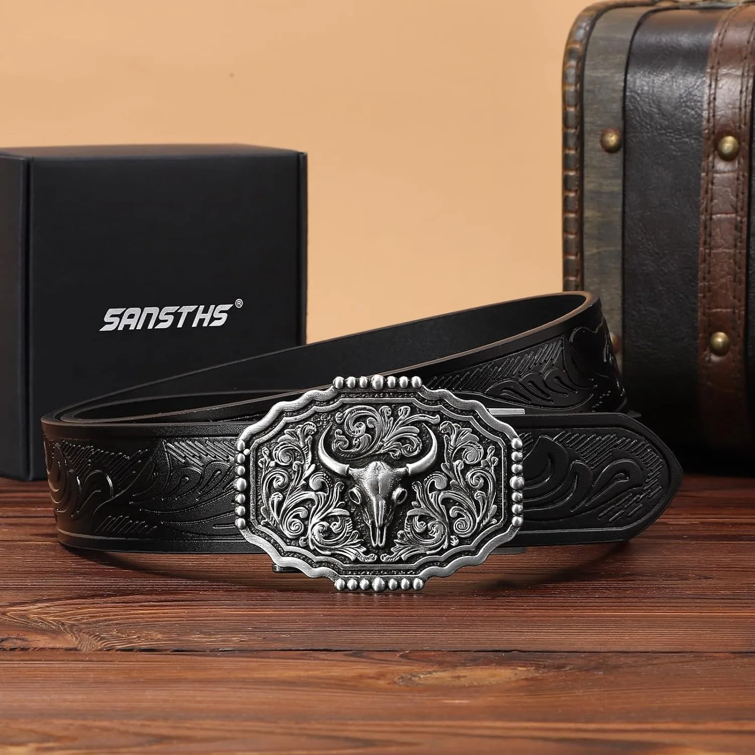 SANSTHS Ratchet Cowboy Belt, Western Ratchet Belts for Men Ratchet Western Belt with Automatic Cowboy Buckle