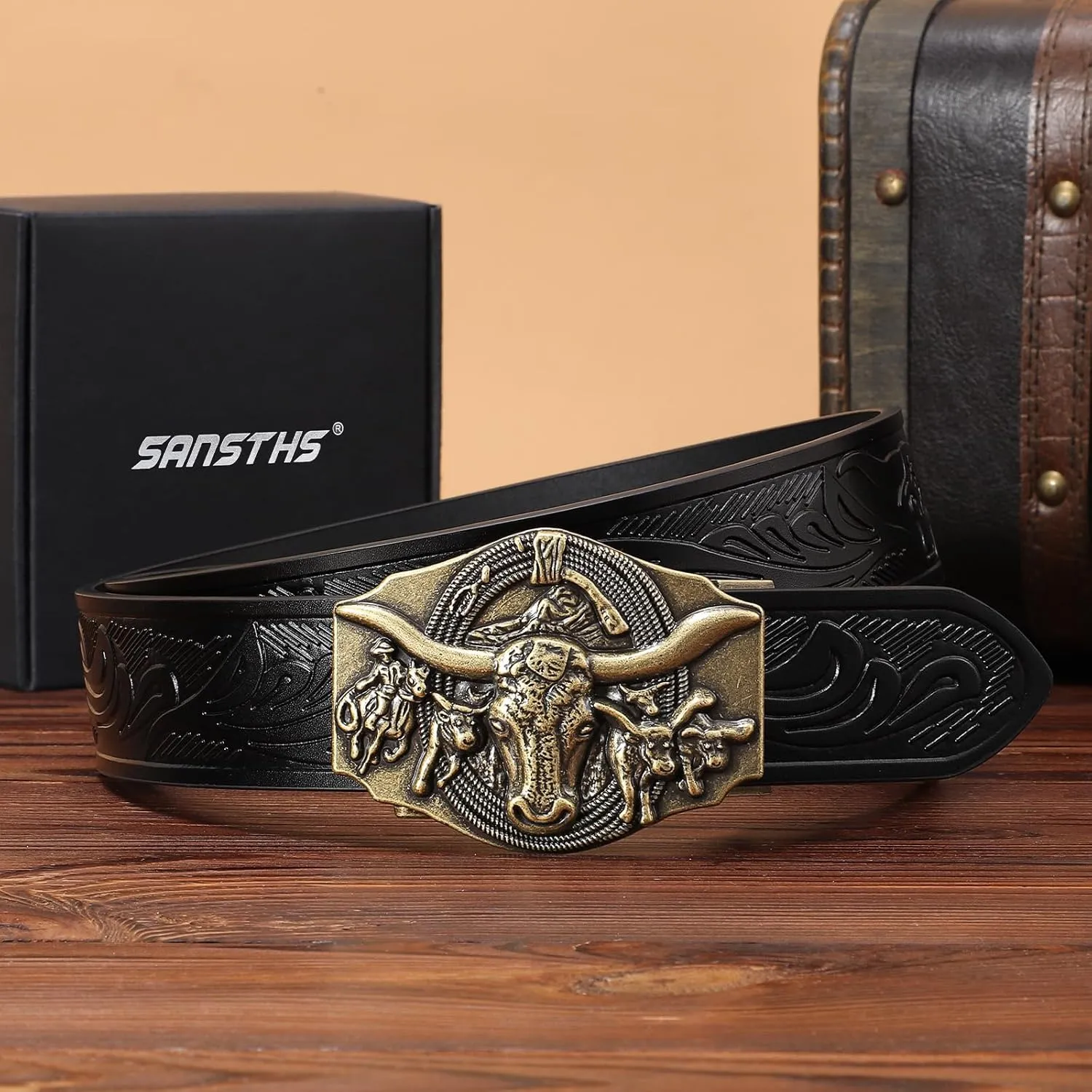 SANSTHS Ratchet Cowboy Belt, Western Ratchet Belts for Men Ratchet Western Belt with Automatic Cowboy Buckle