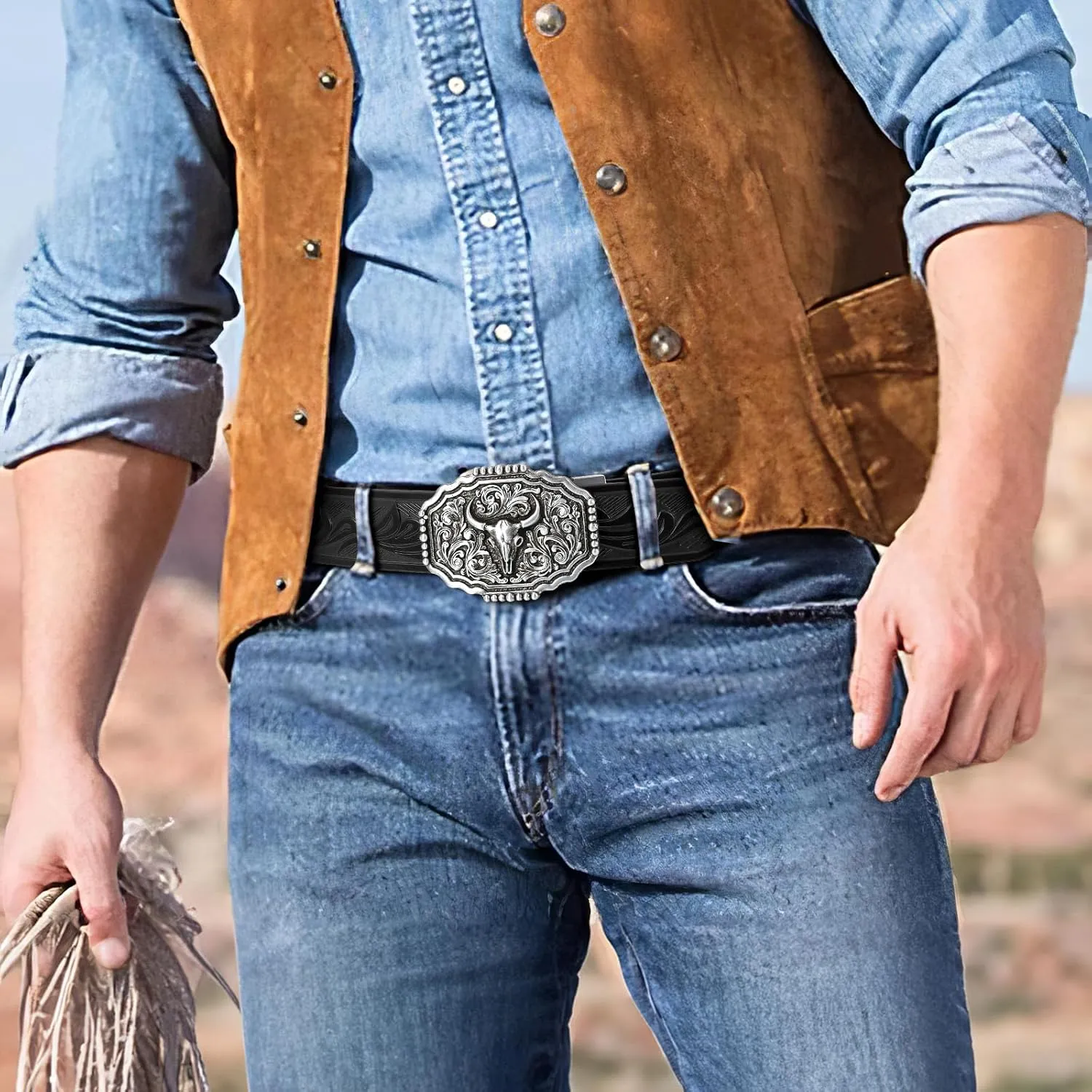 SANSTHS Ratchet Cowboy Belt, Western Ratchet Belts for Men Ratchet Western Belt with Automatic Cowboy Buckle