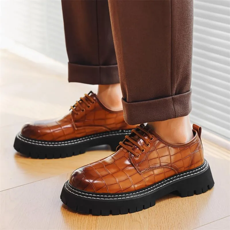 Santimon Men's Crocodile Embossed Oxford Shoes, Chunky Platform Dress Shoes with Non-Slip Sole, Lace-Up Business Casual Shoe