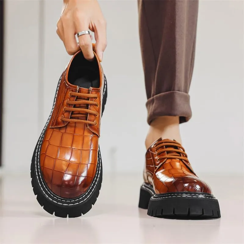 Santimon Men's Crocodile Embossed Oxford Shoes, Chunky Platform Dress Shoes with Non-Slip Sole, Lace-Up Business Casual Shoe