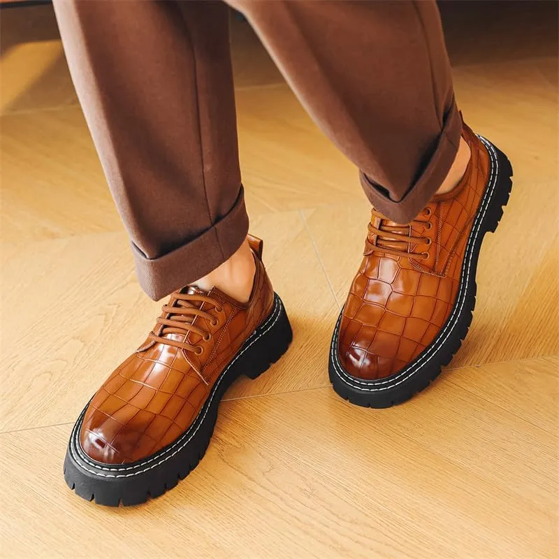 Santimon Men's Crocodile Embossed Oxford Shoes, Chunky Platform Dress Shoes with Non-Slip Sole, Lace-Up Business Casual Shoe