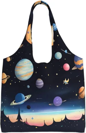 Saturn Jupiter Earth Printed Single Shoulder Commuter Canvas Bag, Grocery Shopping Bag, Daily Use Canvas Bag