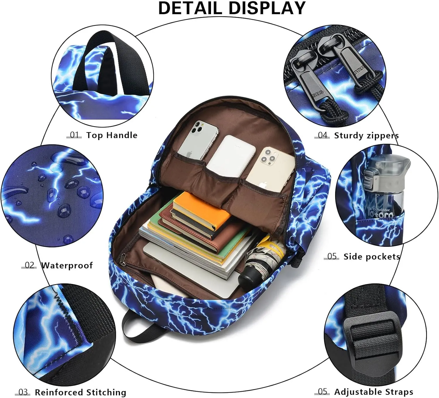 School Backpack for Boys Lightweight Kids Backpack Lightning Bookbag Travel Daypack Water Resistant Laptop Backpack With Lunch Bag Pencil Case