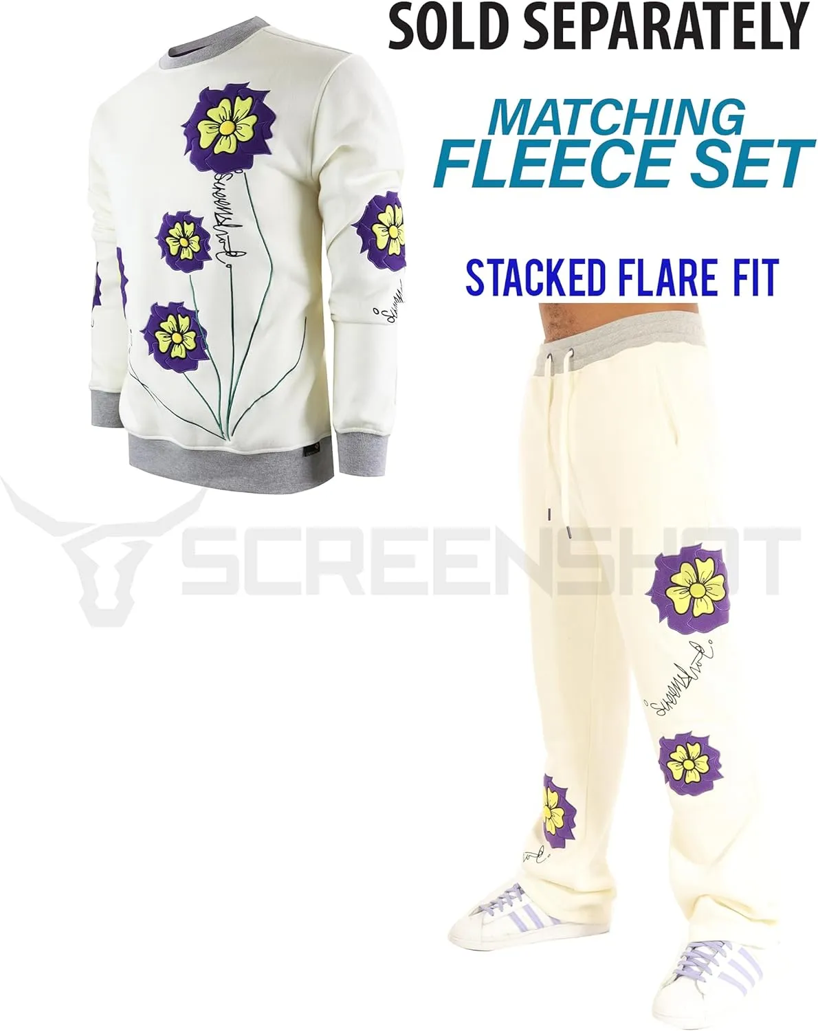 SCREENSHOT Fleece Pants 3202 Mens Streetwear Urban Fit Fleece Pants - Stacked Flare Sweatpants Ribbed Wasteband Drawstring