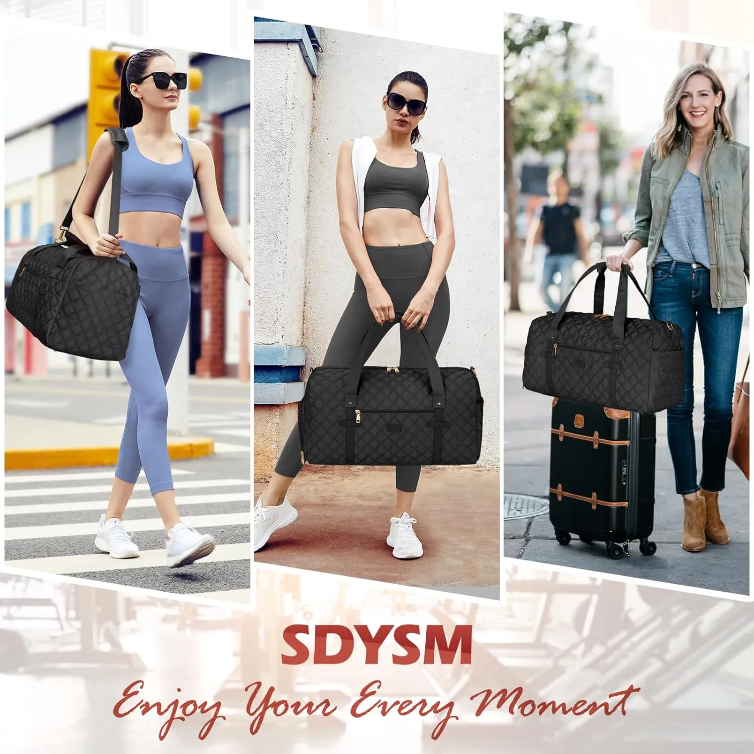 SDYSM Gym Bag for Women, Travel Duffle Bag with Shoe Compartment & Wet Pocket Waterproof Carry On Weekender for Sports, Yoga, Gym (Black)
