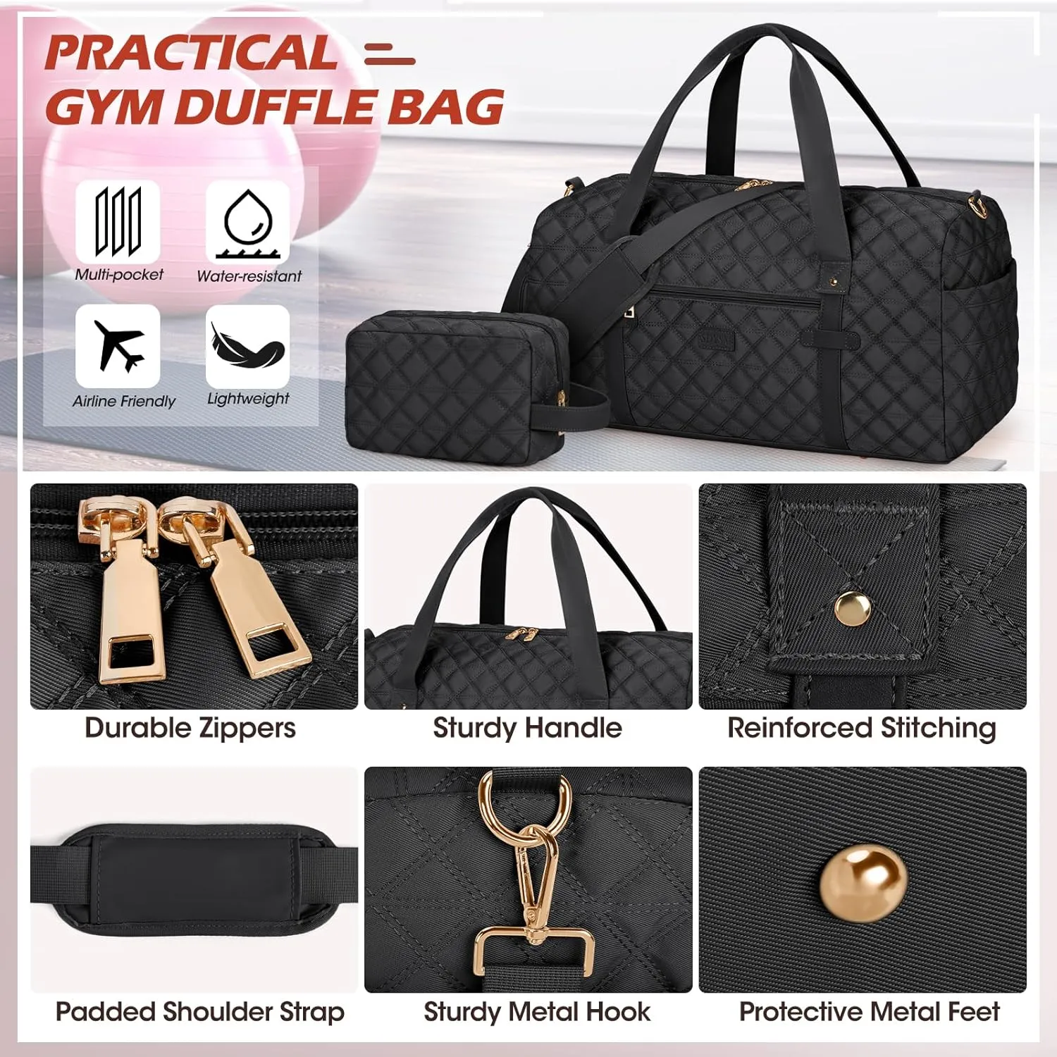 SDYSM Gym Bag for Women, Travel Duffle Bag with Shoe Compartment & Wet Pocket Waterproof Carry On Weekender for Sports, Yoga, Gym (Black)